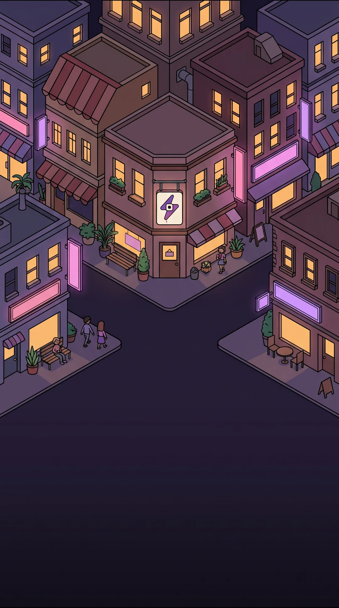 Charge — an illustrated cozy night city with the Volt storefront sign